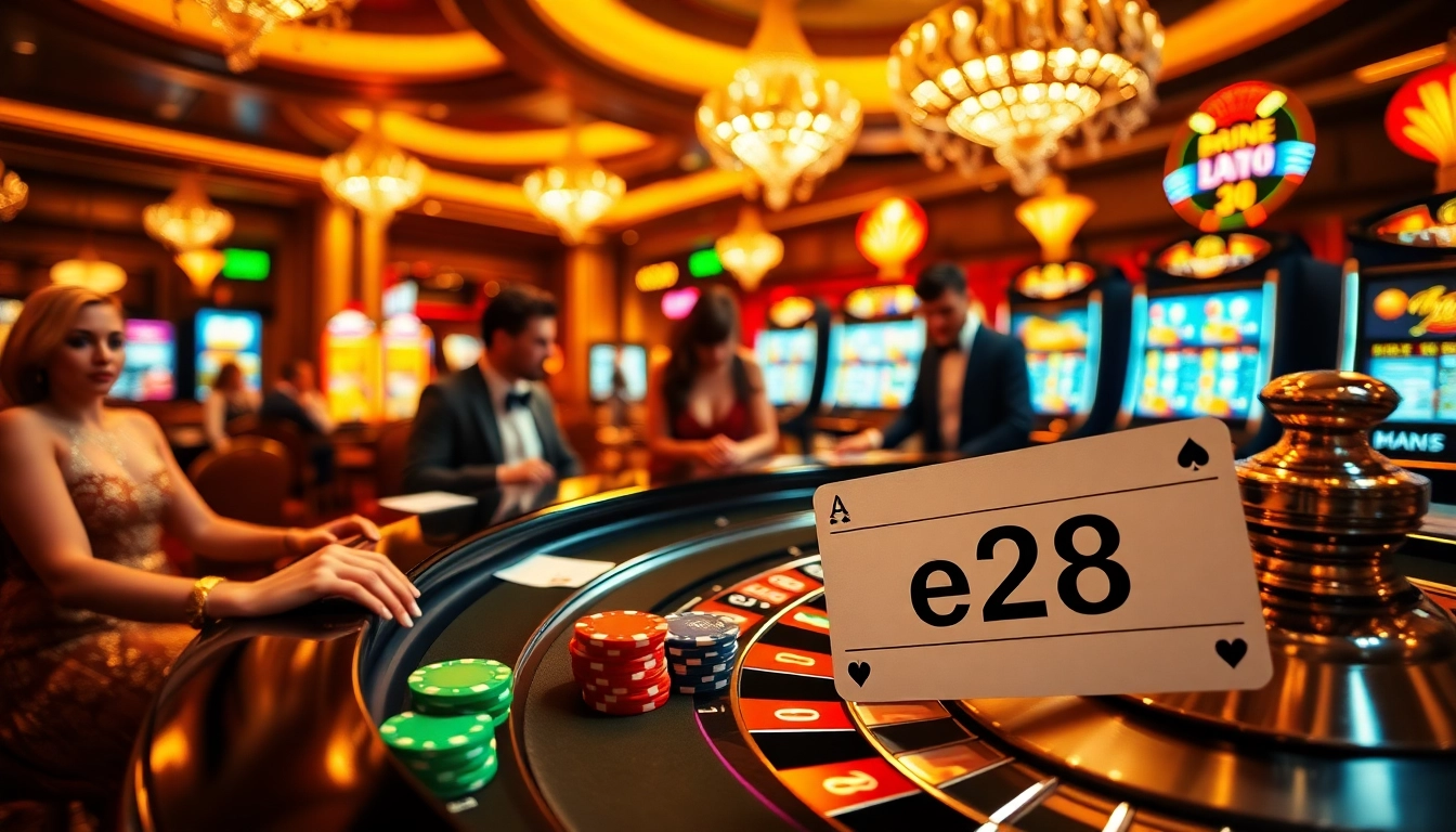The e28 keyword shines on a betting slip amidst an exhilarating casino environment filled with poker chips and roulette tables.
