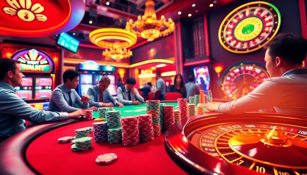 Experience high-stakes poker at 98win com with colorful chips and a lively casino atmosphere.