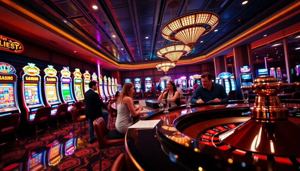 Players enjoying thrilling games at aa888 casino with vibrant slot machines and a spinning roulette wheel.