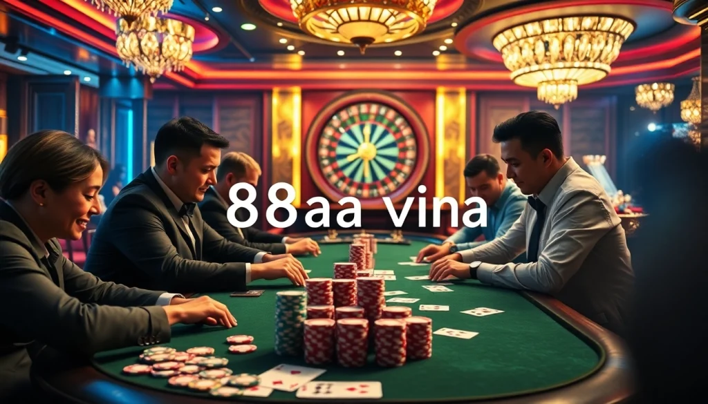 Players enjoy a tense poker match at the casino with 88aa vina, showcasing high-stakes excitement.
