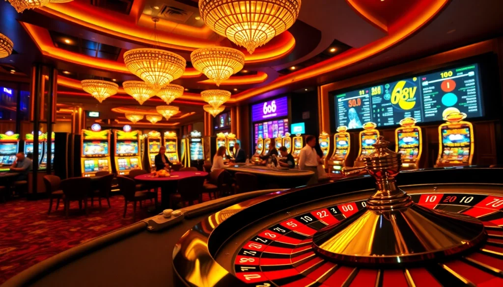 Experience the excitement of 688v casino with lively poker players, vibrant slot machines, and an exquisite roulette wheel.