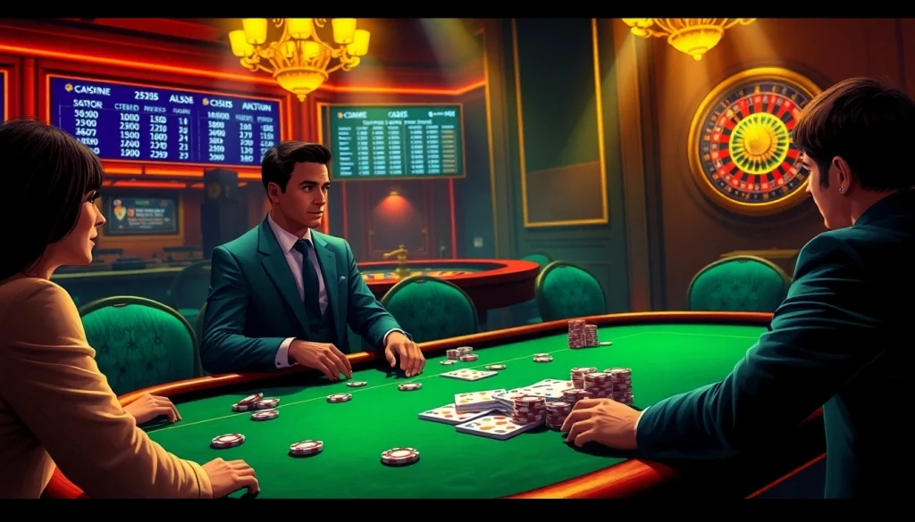 e28 casino scene showcasing players at a poker table with dynamic cards and colorful chips, emphasizing excitement in gambling.