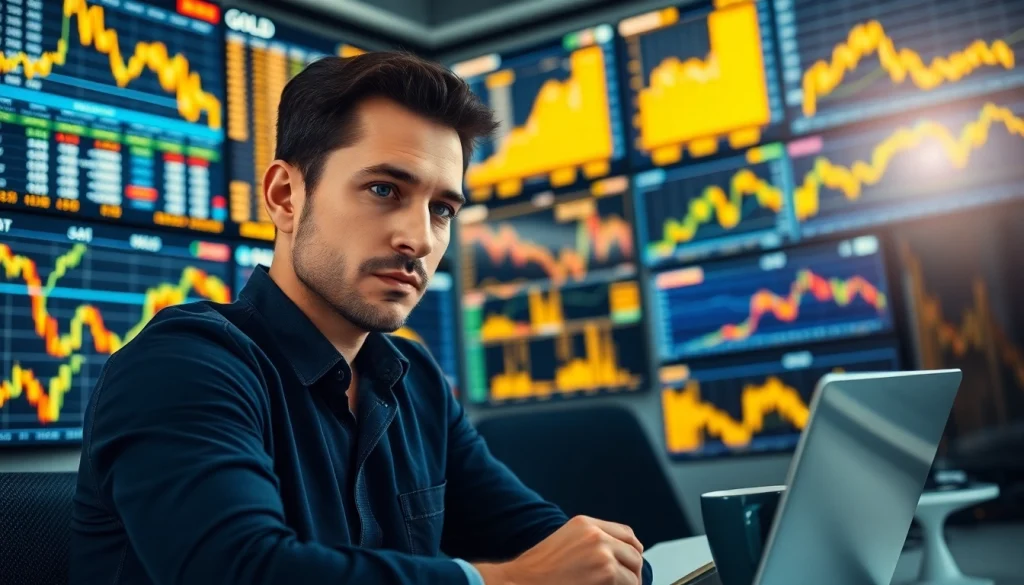 Monitor showing GOLD SIGNALS analysis with trader focusing on market trends.