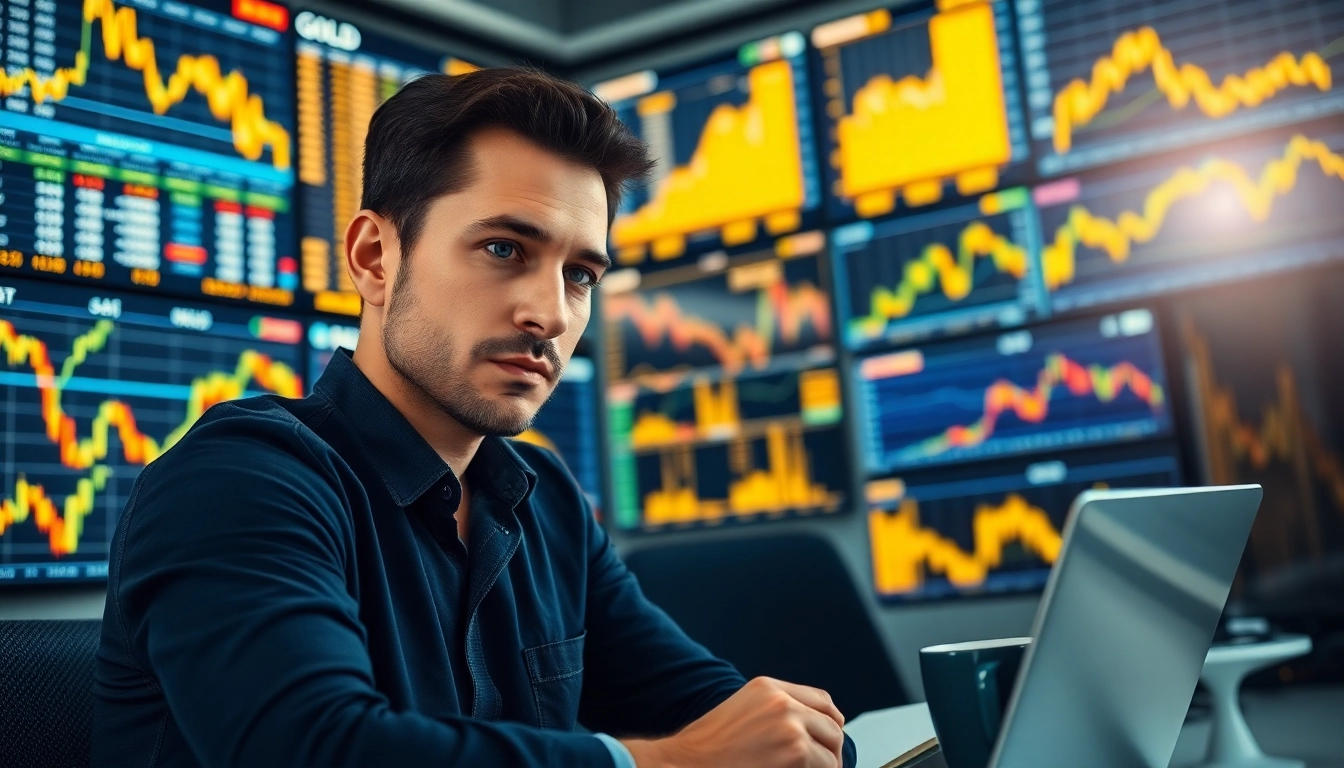 Monitor showing GOLD SIGNALS analysis with trader focusing on market trends.