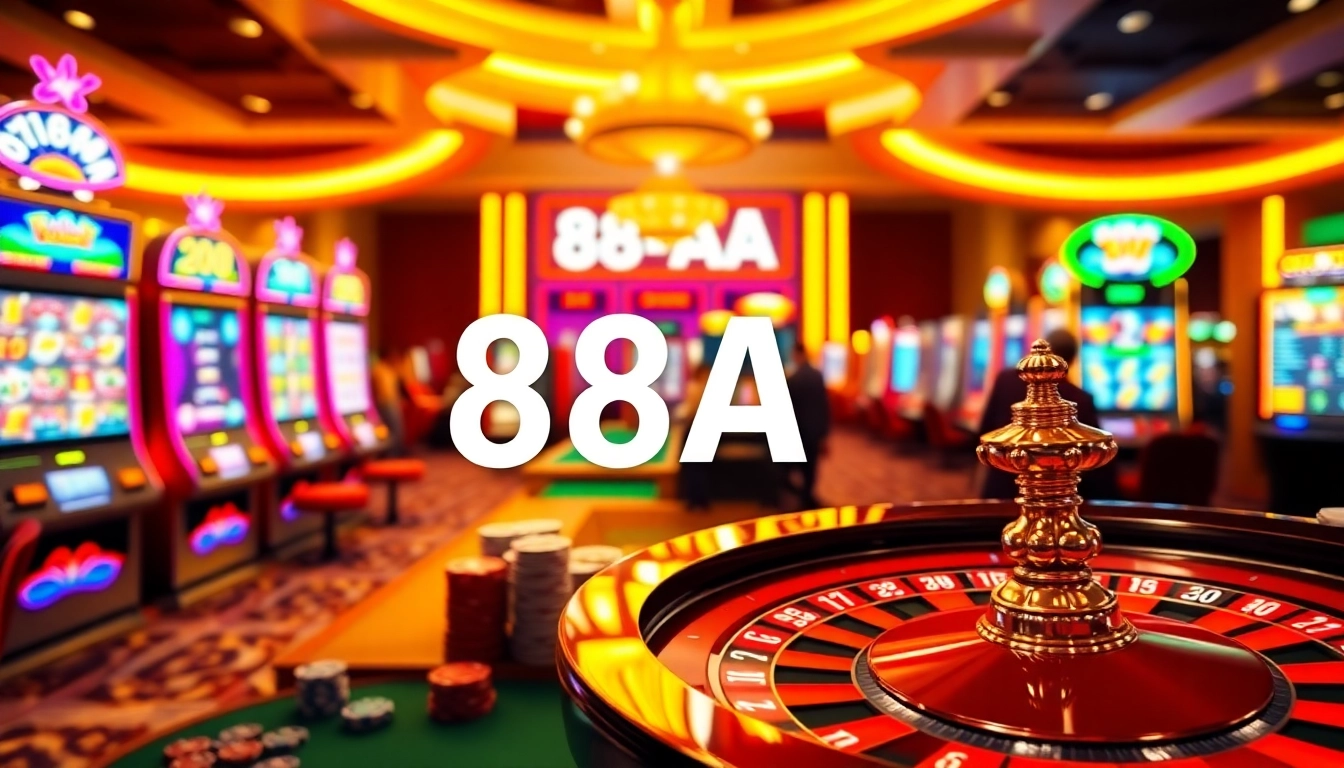 Experience the excitement of 88AA at a lively casino, with players at a roulette table and vibrant slot machines.