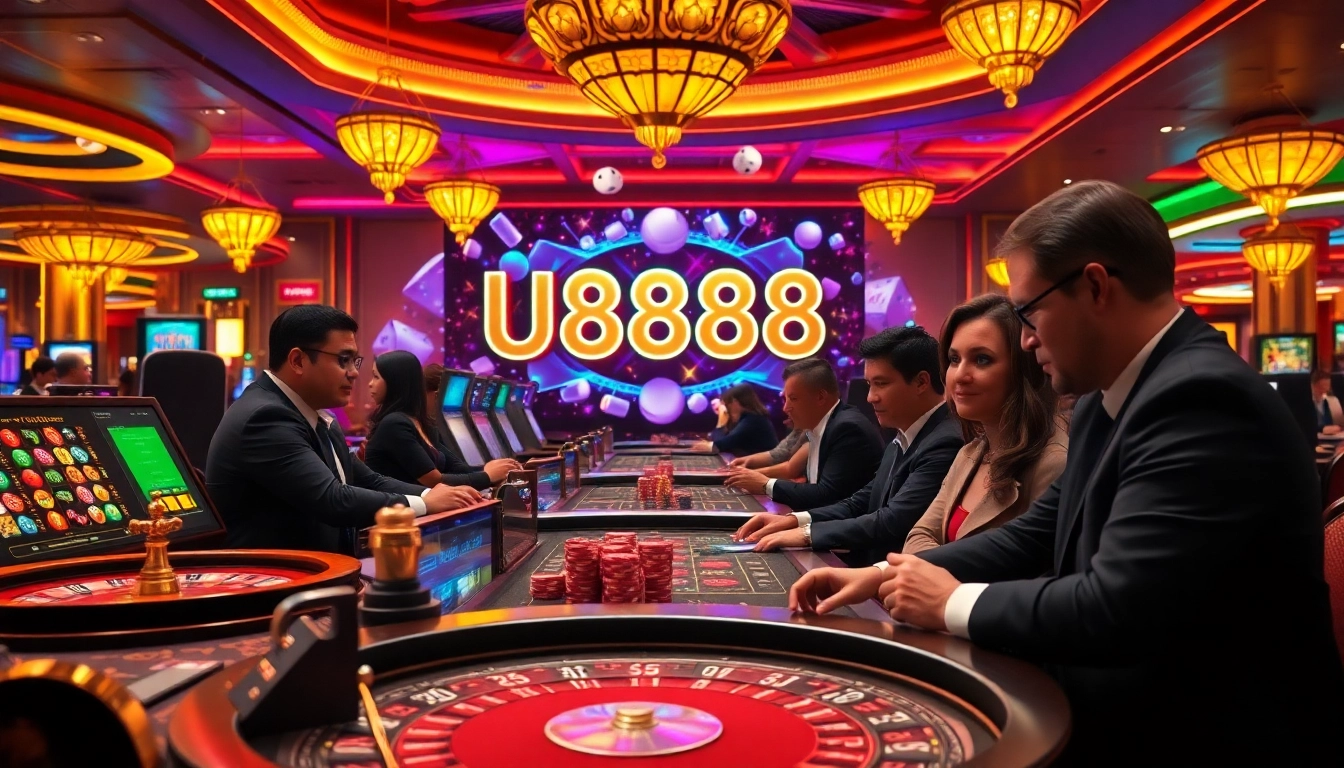 Experience the thrill of gambling at U8888 with vibrant casino tables, cards, and winning moments.