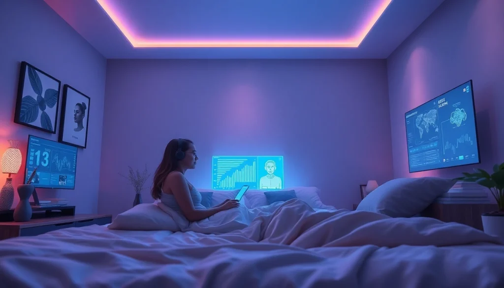 Engaging AI sex companion in a futuristic bedroom, showcasing advanced technology and a cozy ambiance.